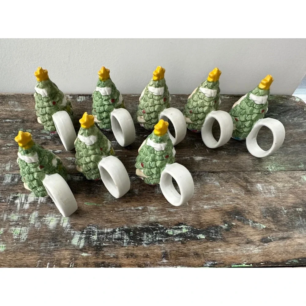 Vintage Set‎ of 8 Ceramic Christmas Tree Napkin Rings Holiday Table Decor